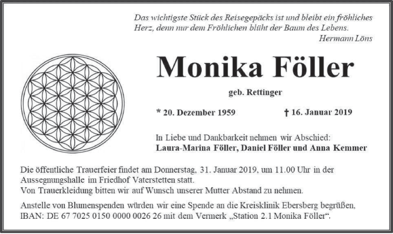  Traueranzeige für Monika Föller vom 26.01.2019 aus merkurtz