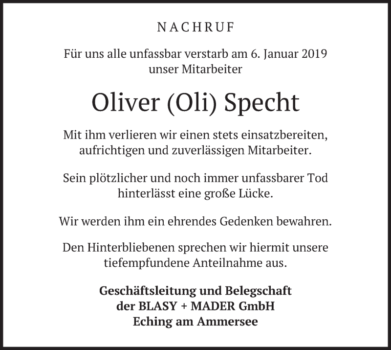  Traueranzeige für Oliver Specht vom 11.01.2019 aus merkurtz