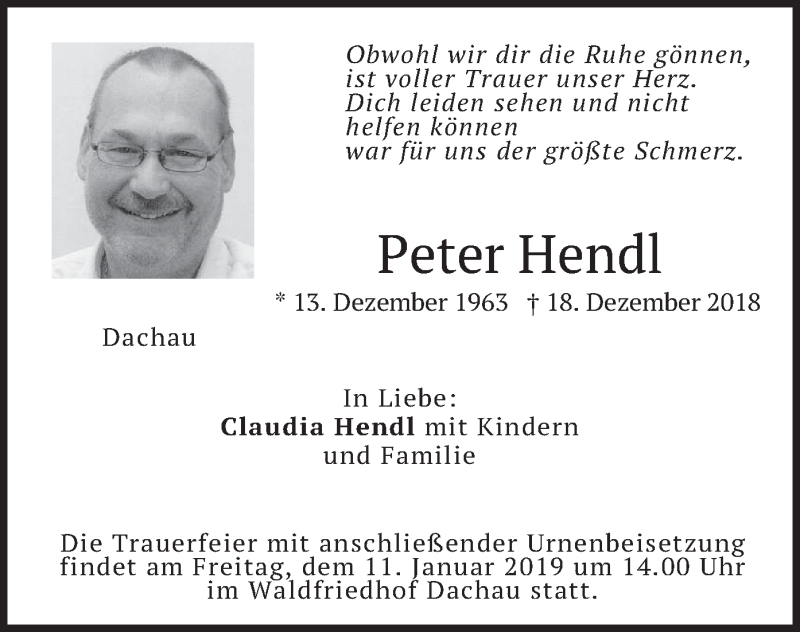  Traueranzeige für Peter Hendl vom 08.01.2019 aus merkurtz