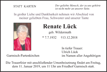 Traueranzeige von Renate Lück von merkurtz