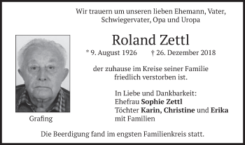 Traueranzeige von Roland Zettl von merkurtz