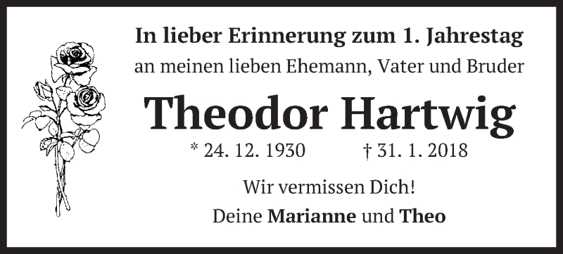  Traueranzeige für Theodor Hartwig vom 31.01.2019 aus merkurtz