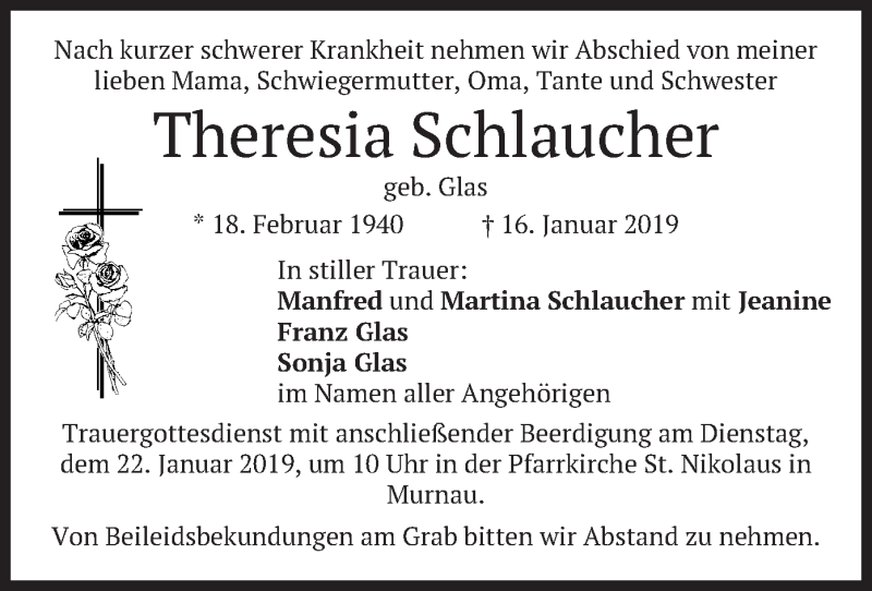  Traueranzeige für Theresia Schlaucher vom 21.01.2019 aus merkurtz