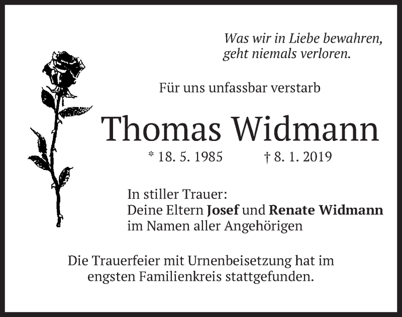  Traueranzeige für Thomas Widmann vom 26.01.2019 aus merkurtz