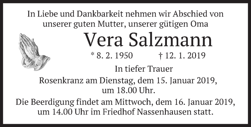  Traueranzeige für Vera Salzmann vom 15.01.2019 aus merkurtz