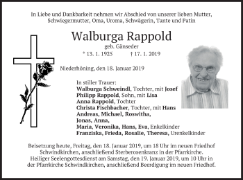Traueranzeige von Walburga Rappold von merkurtz