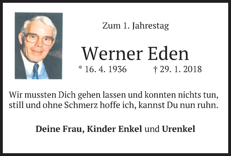  Traueranzeige für Werner Eden vom 29.01.2019 aus merkurtz