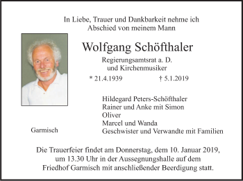 Traueranzeige von Wolfgang Schöfthaler von merkurtz