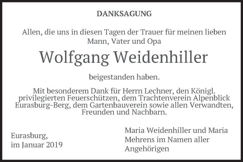  Traueranzeige für Wolfgang Weidenhiller vom 05.01.2019 aus merkurtz