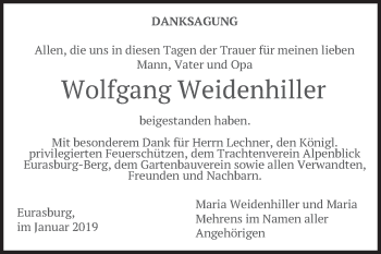 Traueranzeige von Wolfgang Weidenhiller von merkurtz