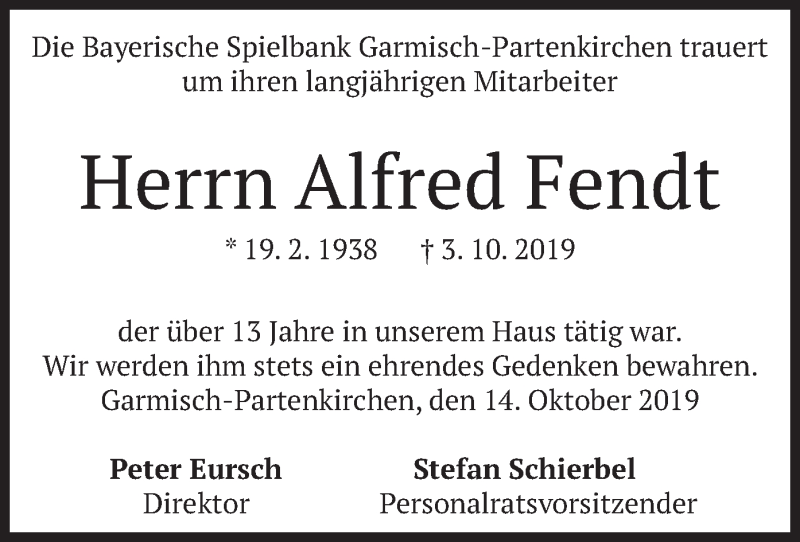  Traueranzeige für Alfred Fendt vom 16.10.2019 aus merkurtz