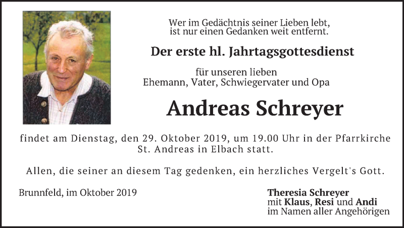  Traueranzeige für Andreas Schreyer vom 26.10.2019 aus merkurtz