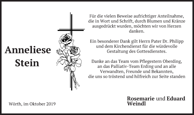  Traueranzeige für Anneliese Stein vom 05.10.2019 aus merkurtz
