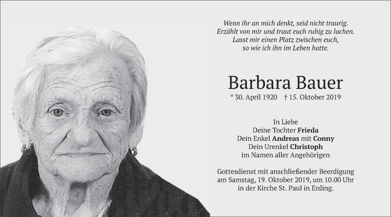 Traueranzeige für Barbara Bauer vom 17.10.2019 aus merkurtz