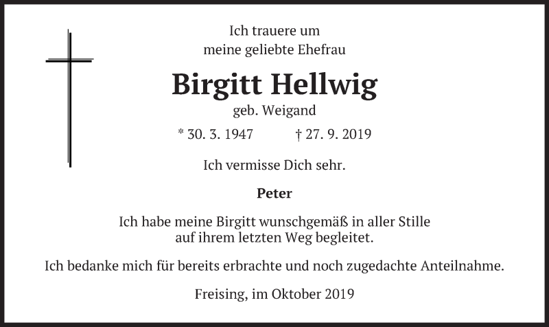  Traueranzeige für Birgitt Hellwig vom 12.10.2019 aus merkurtz