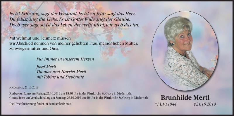  Traueranzeige für Brunhilde Mertl vom 24.10.2019 aus merkurtz