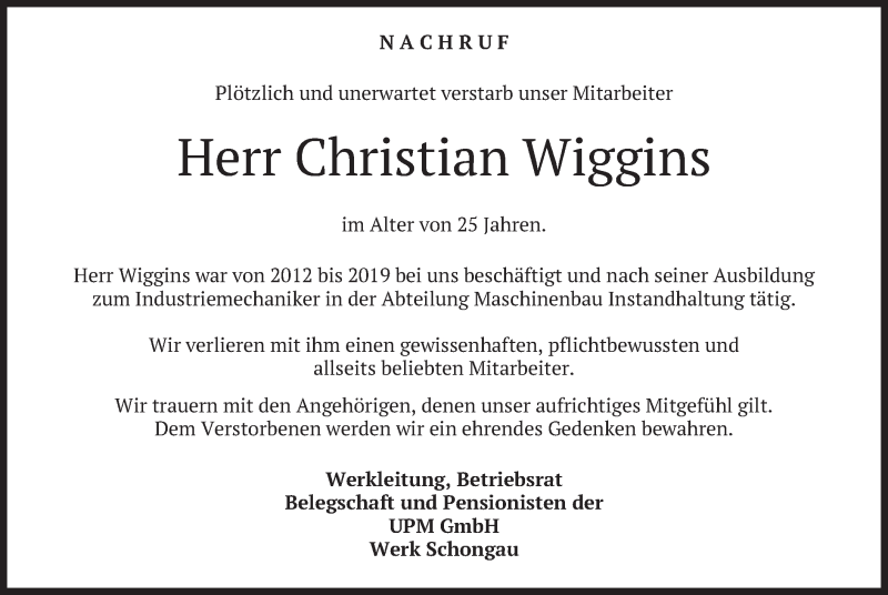  Traueranzeige für Christian Wiggins vom 04.10.2019 aus merkurtz