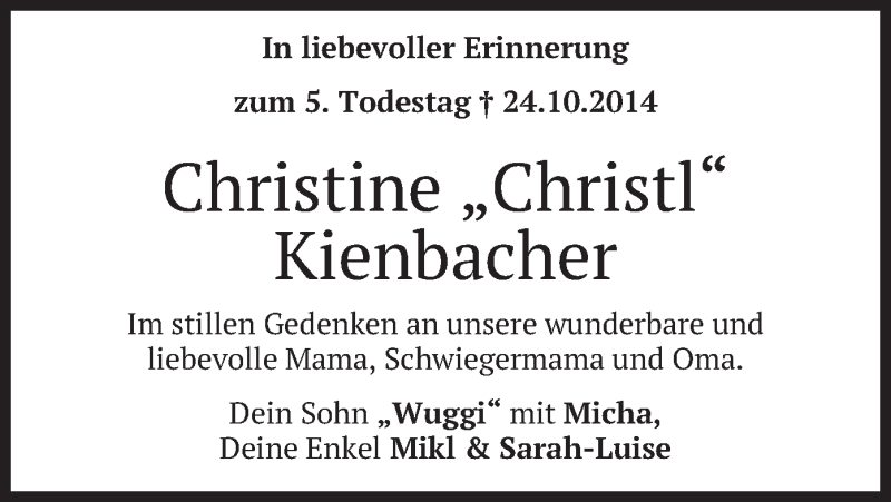  Traueranzeige für Christine Kienbacher vom 24.10.2019 aus merkurtz
