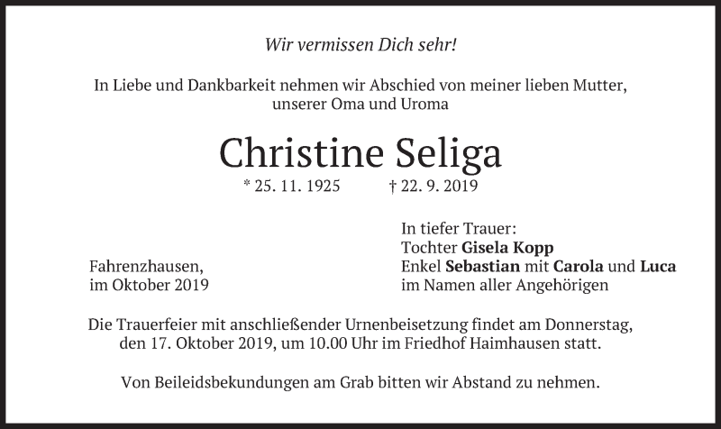  Traueranzeige für Christine Seliga vom 15.10.2019 aus merkurtz
