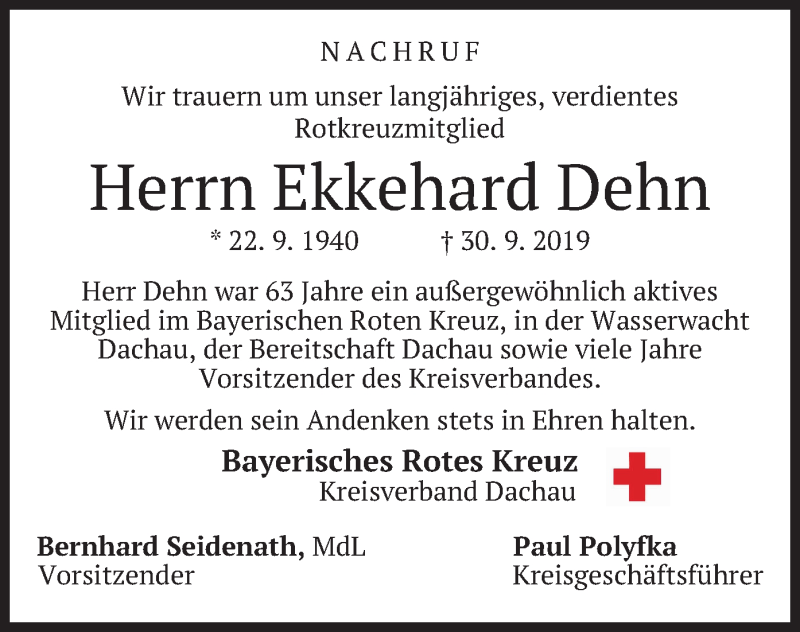  Traueranzeige für Ekkehard Dehn vom 12.10.2019 aus merkurtz