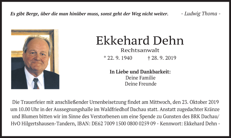  Traueranzeige für Ekkehard Dehn vom 19.10.2019 aus merkurtz