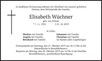 Traueranzeige von Elisabeth Wüchner von merkurtz