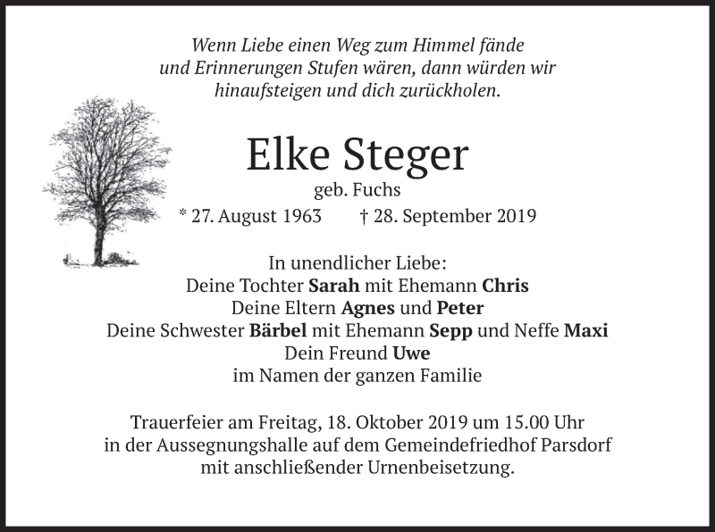  Traueranzeige für Elke Steger vom 12.10.2019 aus merkurtz