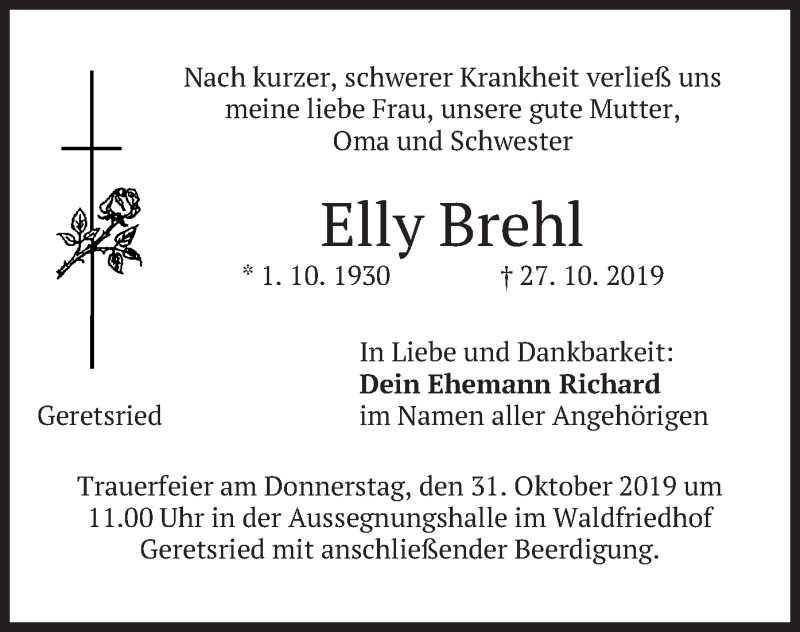  Traueranzeige für Elly Brehl vom 30.10.2019 aus merkurtz
