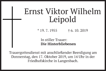 Traueranzeige von Ernst Viktor Wilhelm Leipold von merkurtz