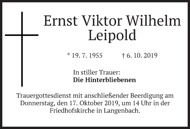 Traueranzeige für Ernst Viktor Wilhelm Leipold vom 16.10.2019 aus merkurtz