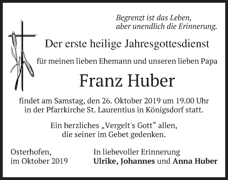  Traueranzeige für Franz Huber vom 24.10.2019 aus merkurtz