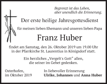 Traueranzeige von Franz Huber von merkurtz