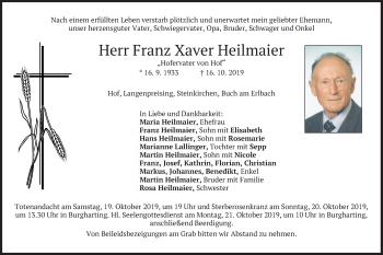 Traueranzeige von Franz Xaver Heilmaier von merkurtz