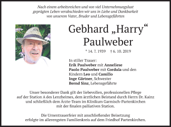 Traueranzeige von Gebhard Paulweber von merkurtz