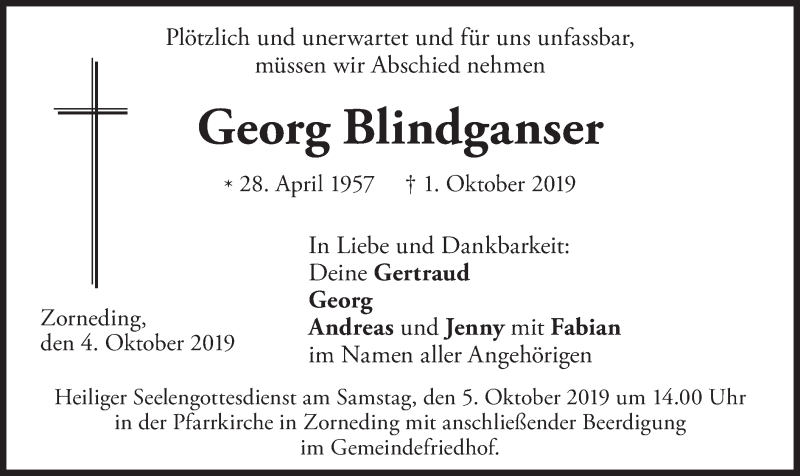 Traueranzeige für Georg Blindganser vom 04.10.2019 aus merkurtz
