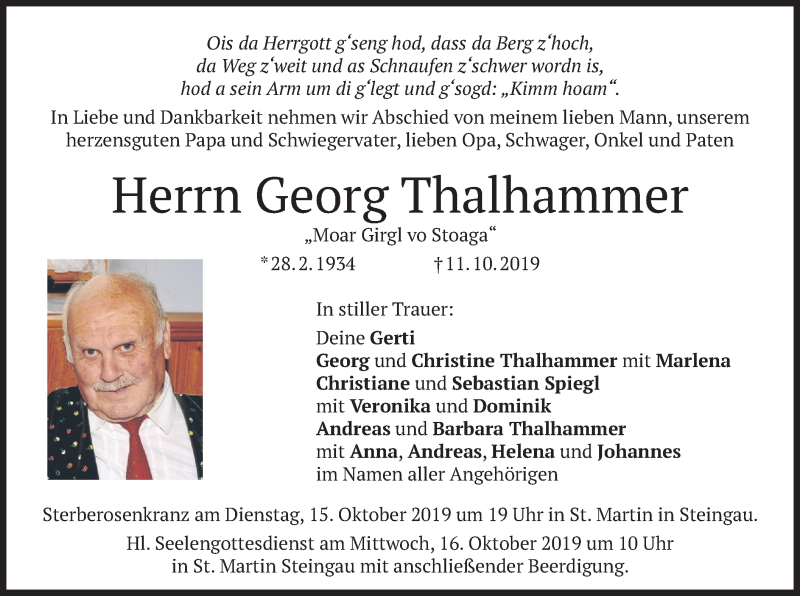  Traueranzeige für Georg Thalhammer vom 14.10.2019 aus merkurtz