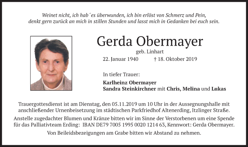  Traueranzeige für Gerda Obermayer vom 31.10.2019 aus merkurtz