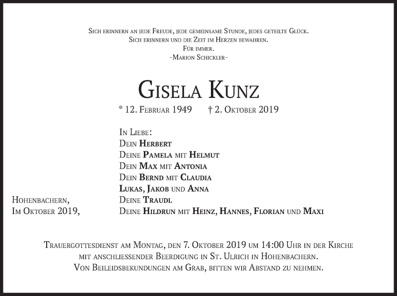  Traueranzeige für Gisela Kunz vom 05.10.2019 aus merkurtz