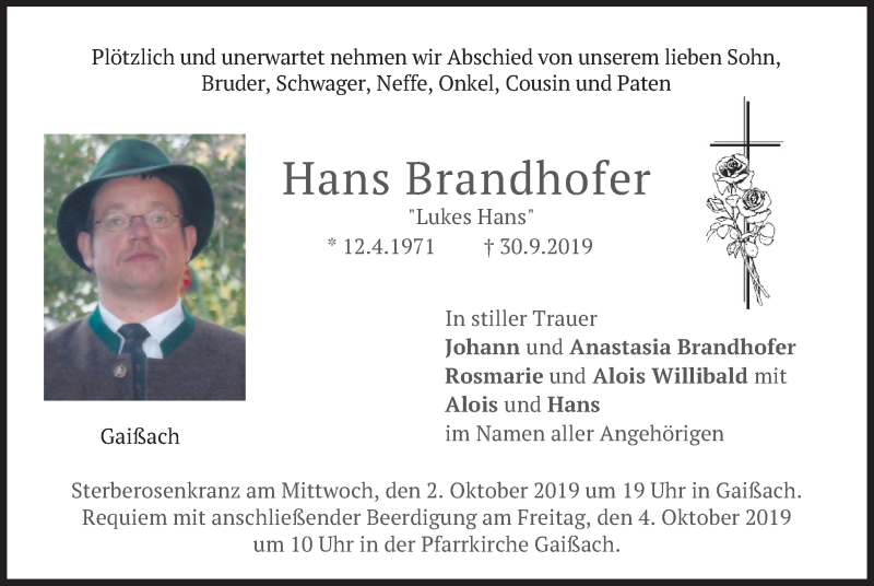  Traueranzeige für Hans Brandhofer vom 01.10.2019 aus merkurtz