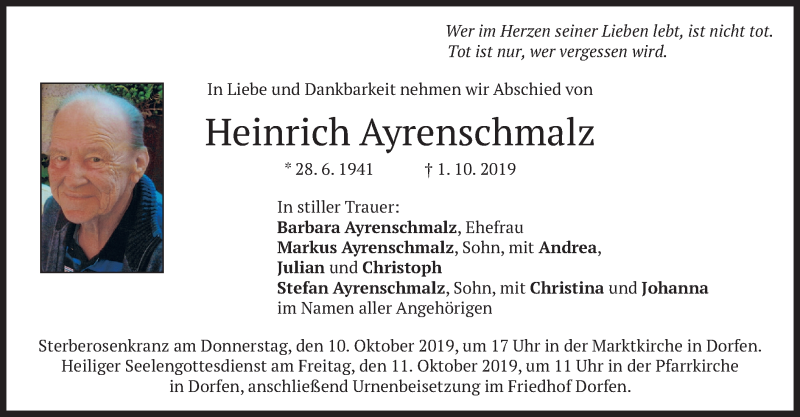  Traueranzeige für Heinrich Ayrenschmalz vom 09.10.2019 aus merkurtz