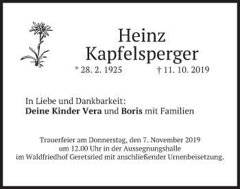 Traueranzeige von Heinz Kapfelsperger von merkurtz