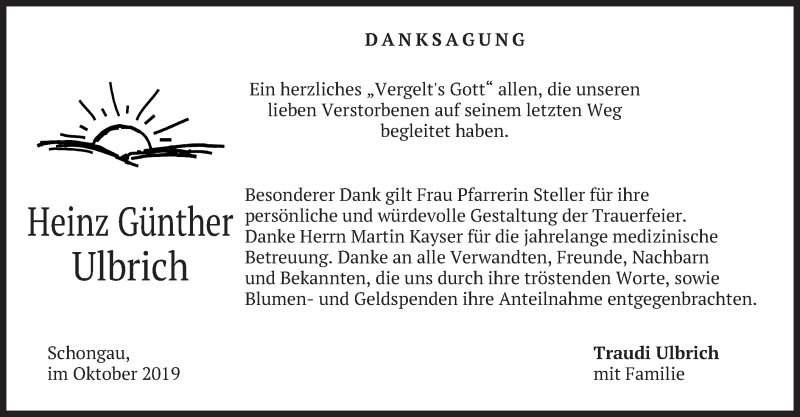  Traueranzeige für Heinz Günther Ulbrich vom 26.10.2019 aus merkurtz
