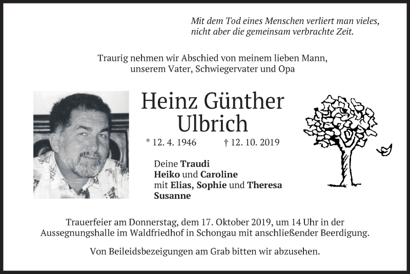  Traueranzeige für Heinz Günther Ulbrich vom 15.10.2019 aus merkurtz