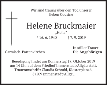 Traueranzeige von Helene Bruckmaier von merkurtz