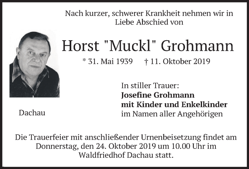  Traueranzeige für Horst Grohmann vom 19.10.2019 aus merkurtz