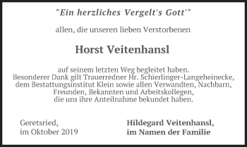Traueranzeige von Horst Veitenhansl von merkurtz