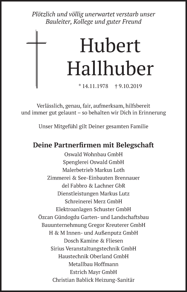  Traueranzeige für Hubert Hallhuber vom 12.10.2019 aus merkurtz