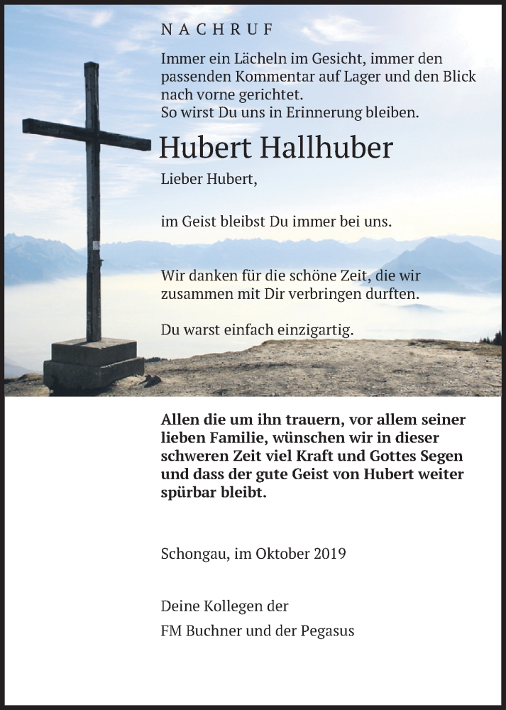  Traueranzeige für Hubert Hallhuber vom 15.10.2019 aus merkurtz