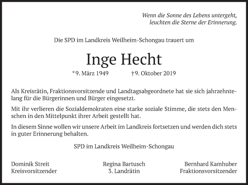 Traueranzeige für Inge Hecht vom 14.10.2019 aus merkurtz