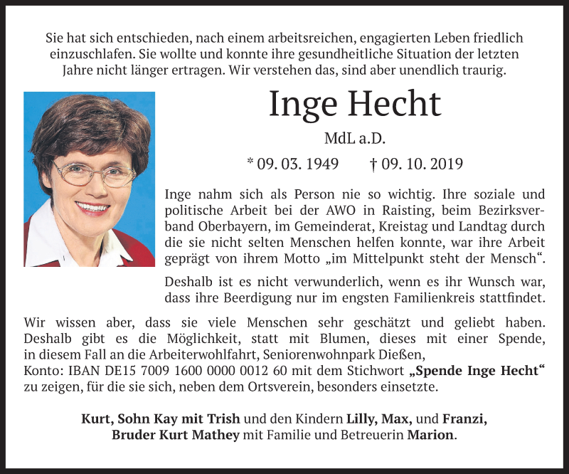  Traueranzeige für Inge Hecht vom 12.10.2019 aus merkurtz